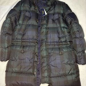 Polo Ralph Lauren Green Navy Plaid Puffer Long Coat Parka No Hood Pwing stadium